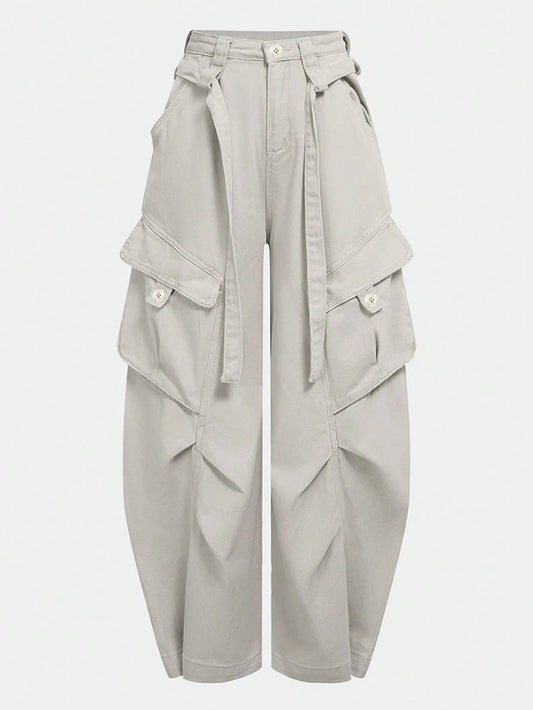 UREREM Women's Solid Color Woven Fabric Cargo Wide Leg Pants With Tassels, Suitable For Home, Travel, School, Spring, Summer, Autumn, Winter