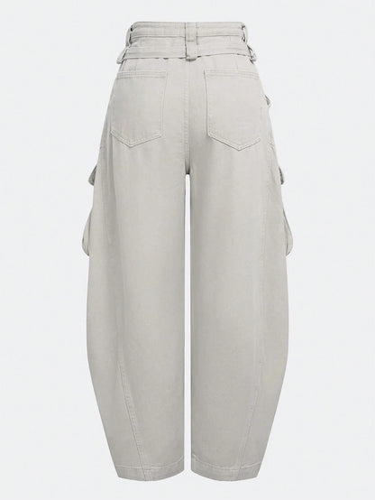 UREREM Women's Solid Color Woven Fabric Cargo Wide Leg Pants With Tassels, Suitable For Home, Travel, School, Spring, Summer, Autumn, Winter
