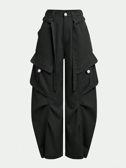 UREREM Women's Solid Color Woven Fabric Cargo Wide Leg Pants With Tassels, Suitable For Home, Travel, School, Spring, Summer, Autumn, Winter