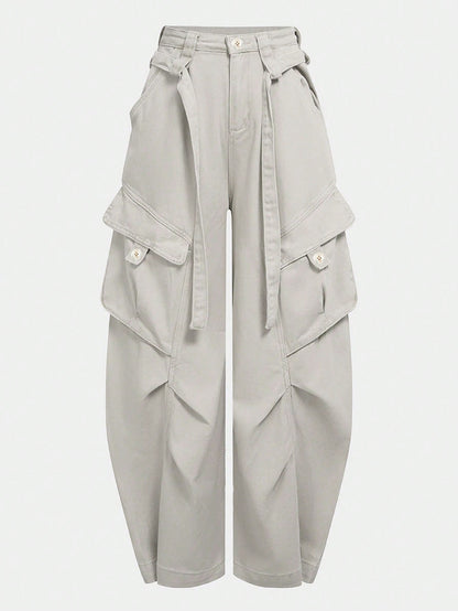 UREREM Women's Solid Color Woven Fabric Cargo Wide Leg Pants With Tassels, Suitable For Home, Travel, School, Spring, Summer, Autumn, Winter