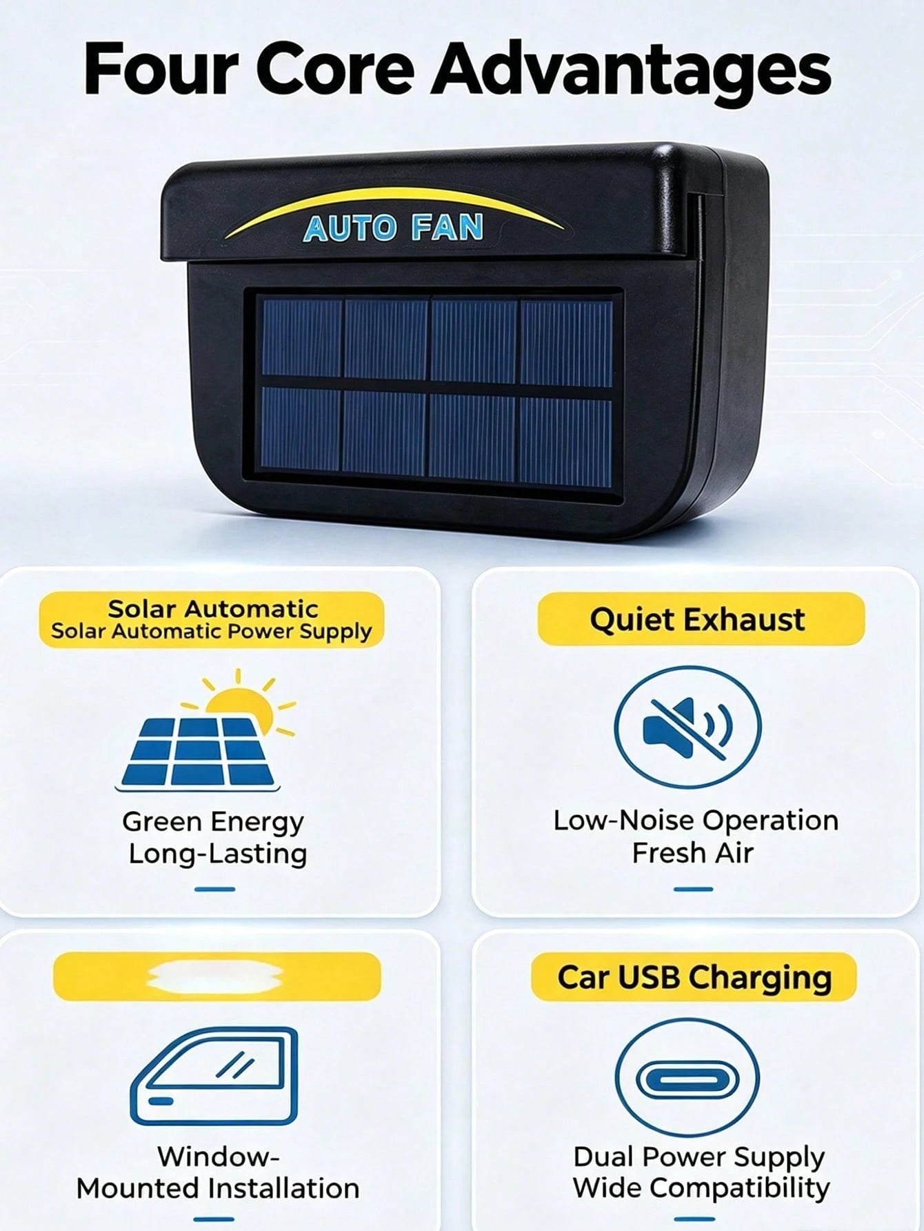 USB & Solar Powered Car Cooling Fan, Window Ventilation Exhaust System, Portable Air Circulation Cooler For Cars, SUVs & Trucks