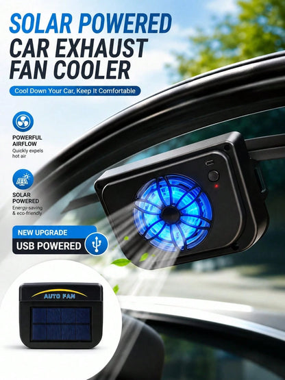 USB & Solar Powered Car Cooling Fan, Window Ventilation Exhaust System, Portable Air Circulation Cooler For Cars, SUVs & Trucks