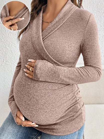 V-Neck Ruched Long Sleeve Breastfeeding Nursing Top, Casual Everyday Wear Fall