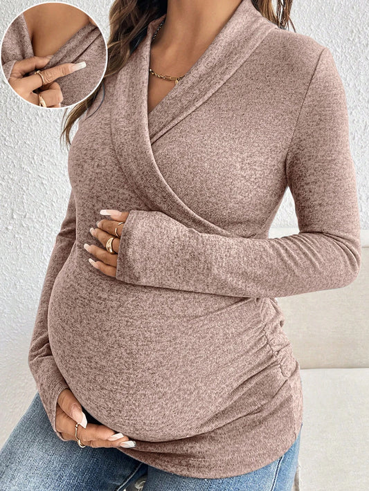 V-Neck Ruched Long Sleeve Breastfeeding Nursing Top, Casual Everyday Wear Fall