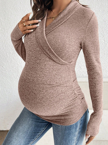 V-Neck Ruched Long Sleeve Breastfeeding Nursing Top, Casual Everyday Wear Fall