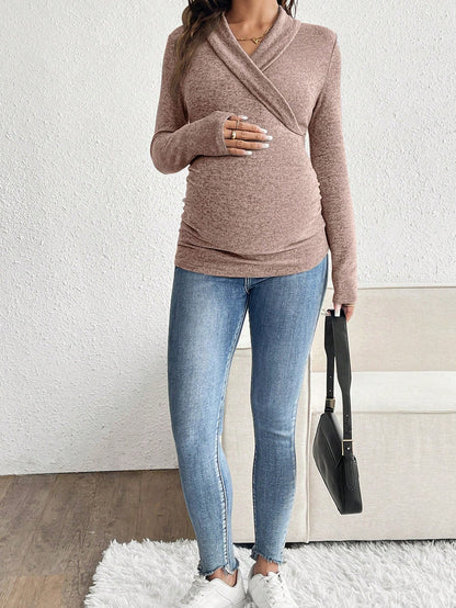 V-Neck Ruched Long Sleeve Breastfeeding Nursing Top, Casual Everyday Wear Fall