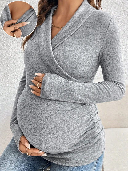 V-Neck Ruched Long Sleeve Breastfeeding Nursing Top, Casual Everyday Wear Fall