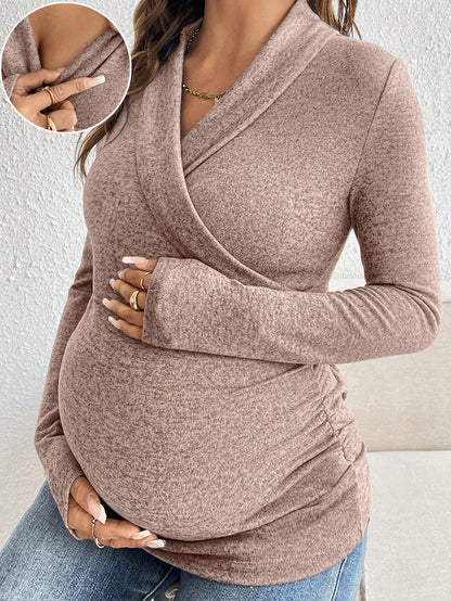 V-Neck Ruched Long Sleeve Breastfeeding Nursing Top, Casual Everyday Wear Fall