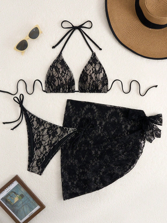 Vacation Beach 3pcs Set- Sexy Lace Bikini Top, Sarong & Skirt Black Summer, Resort Wear