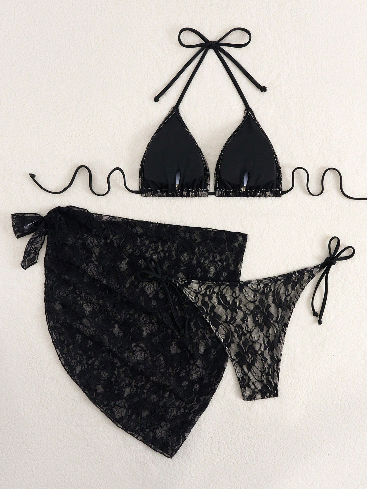 Vacation Beach 3pcs Set- Sexy Lace Bikini Top, Sarong & Skirt Black Summer, Resort Wear