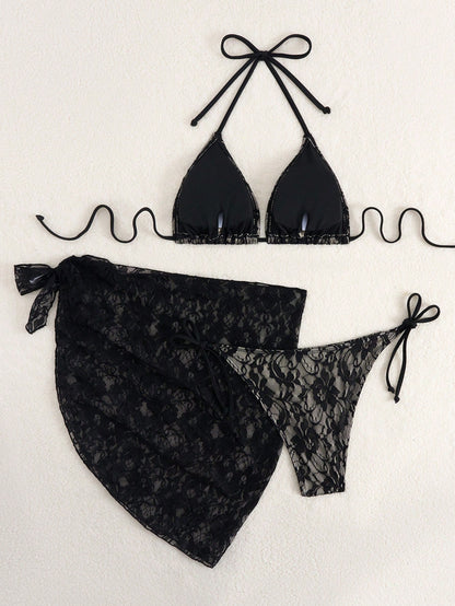 Vacation Beach 3pcs Set- Sexy Lace Bikini Top, Sarong & Skirt Black Summer, Resort Wear