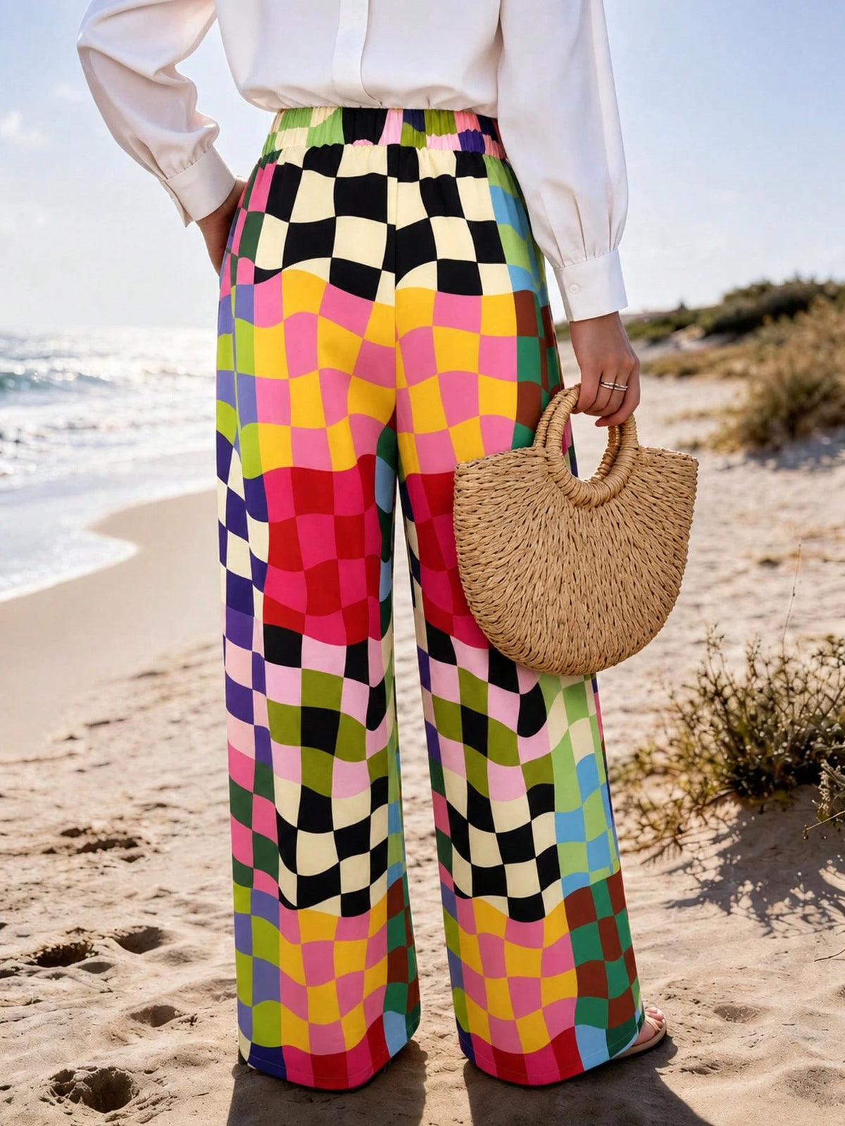 Vaclyn Women's Casual Vacation Style Plaid Pocket Loose Long Pants