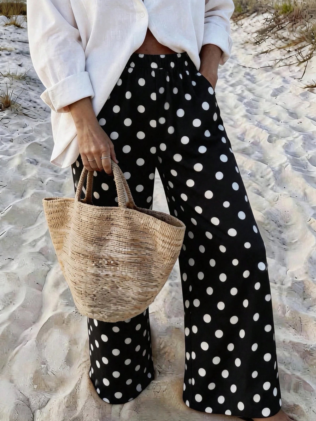 Vaclyn Women's Casual Vacation Style Polka Dot Print Pocket Long Pants