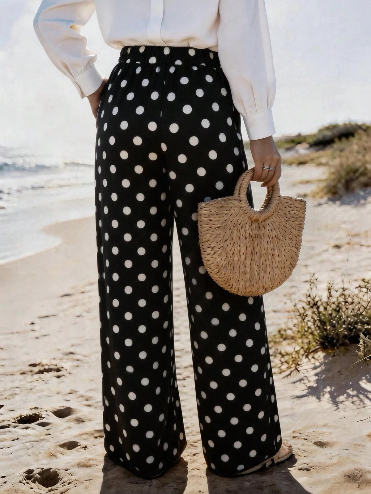 Vaclyn Women's Casual Vacation Style Polka Dot Print Pocket Long Pants