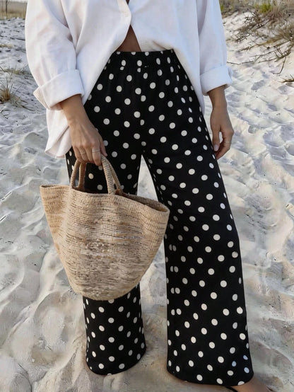 Vaclyn Women's Casual Vacation Style Polka Dot Print Pocket Long Pants