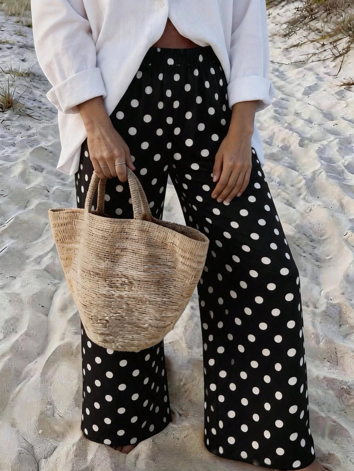 Vaclyn Women's Casual Vacation Style Polka Dot Print Pocket Long Pants