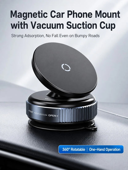 Vacuum Suction Cup Magnetic Car Phone Holder 360° Rotating Strong MagSafe Compatible Twist Lock Stable Anti-Shake Reusable For 4.7-7.2 Inch Smartphones Daily Driving Navigation Dashboard/Windshield/Ce