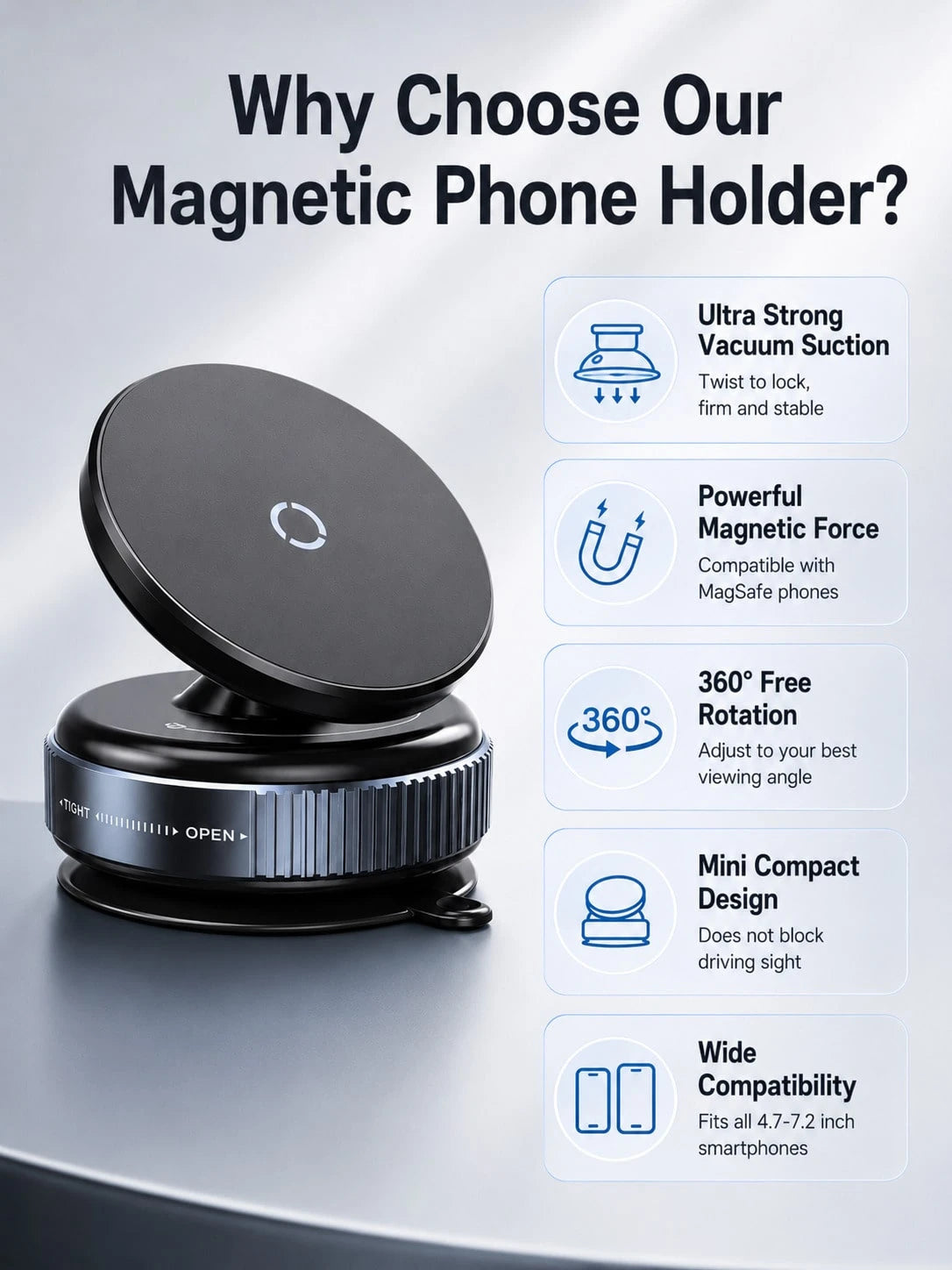 Vacuum Suction Cup Magnetic Car Phone Holder 360° Rotating Strong MagSafe Compatible Twist Lock Stable Anti-Shake Reusable For 4.7-7.2 Inch Smartphones Daily Driving Navigation Dashboard/Windshield/Ce
