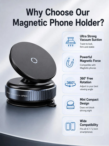 Vacuum Suction Cup Magnetic Car Phone Holder 360° Rotating Strong MagSafe Compatible Twist Lock Stable Anti-Shake Reusable For 4.7-7.2 Inch Smartphones Daily Driving Navigation Dashboard/Windshield/Ce