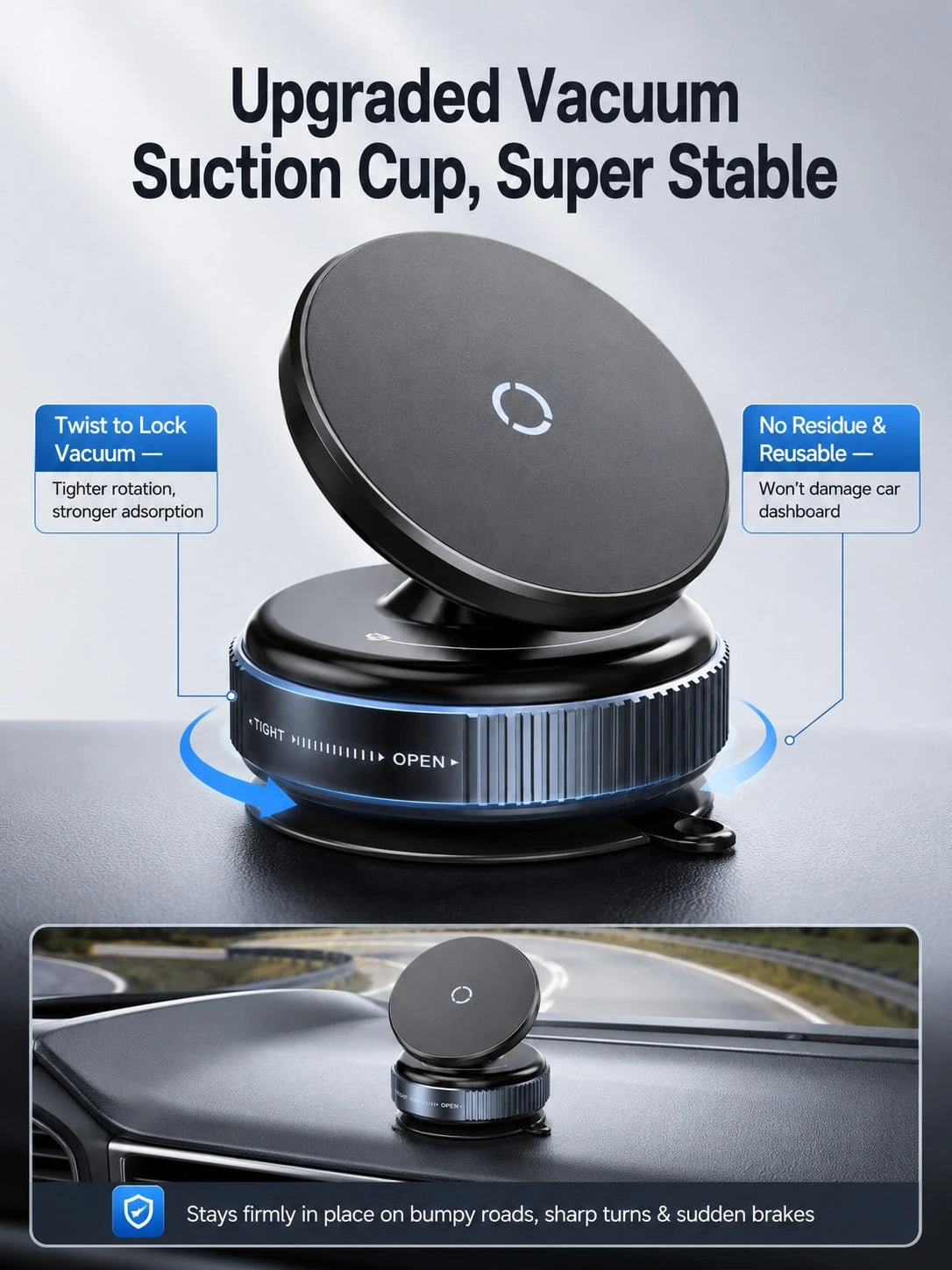 Vacuum Suction Cup Magnetic Car Phone Holder 360° Rotating Strong MagSafe Compatible Twist Lock Stable Anti-Shake Reusable For 4.7-7.2 Inch Smartphones Daily Driving Navigation Dashboard/Windshield/Ce