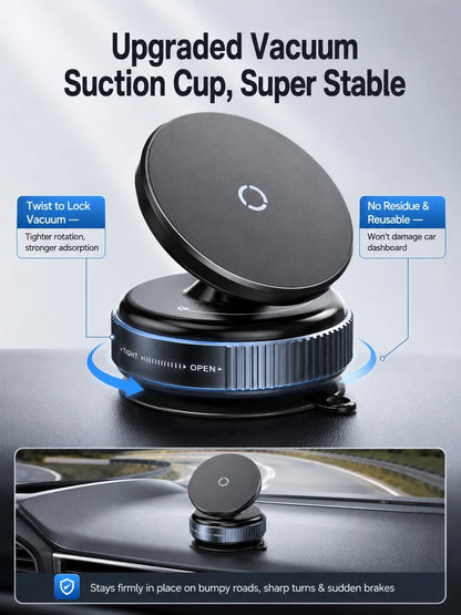 Vacuum Suction Cup Magnetic Car Phone Holder 360° Rotating Strong MagSafe Compatible Twist Lock Stable Anti-Shake Reusable For 4.7-7.2 Inch Smartphones Daily Driving Navigation Dashboard/Windshield/Ce