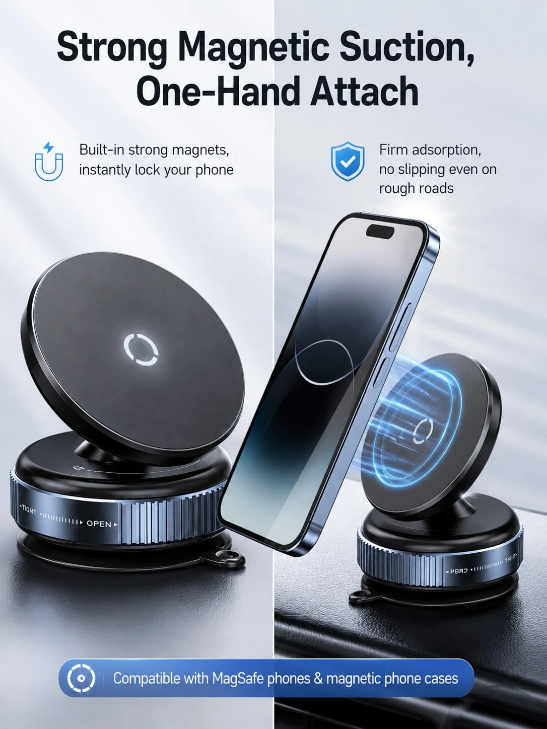 Vacuum Suction Cup Magnetic Car Phone Holder 360° Rotating Strong MagSafe Compatible Twist Lock Stable Anti-Shake Reusable For 4.7-7.2 Inch Smartphones Daily Driving Navigation Dashboard/Windshield/Ce