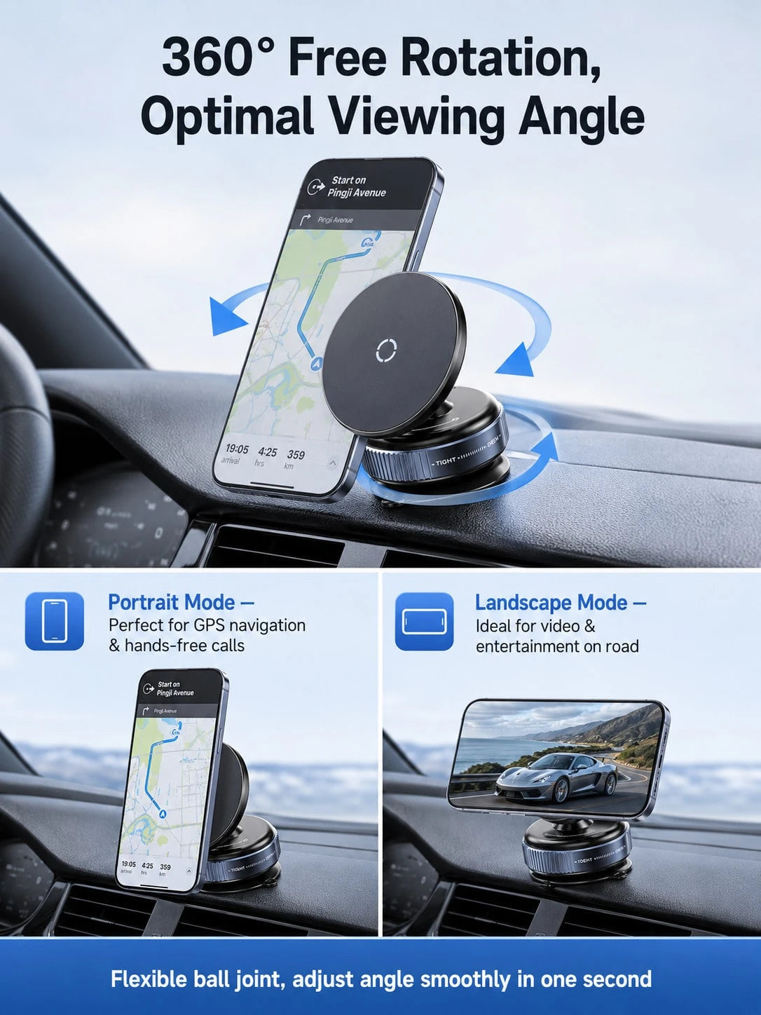 Vacuum Suction Cup Magnetic Car Phone Holder 360° Rotating Strong MagSafe Compatible Twist Lock Stable Anti-Shake Reusable For 4.7-7.2 Inch Smartphones Daily Driving Navigation Dashboard/Windshield/Ce