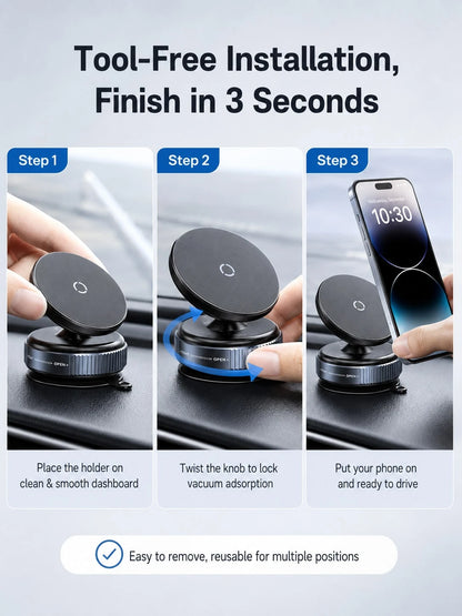 Vacuum Suction Cup Magnetic Car Phone Holder 360° Rotating Strong MagSafe Compatible Twist Lock Stable Anti-Shake Reusable For 4.7-7.2 Inch Smartphones Daily Driving Navigation Dashboard/Windshield/Ce