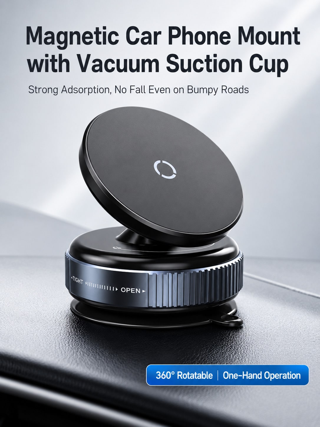 Vacuum Suction Cup Magnetic Car Phone Holder 360° Rotating Strong MagSafe Compatible Twist Lock Stable Anti-Shake Reusable For 4.7-7.2 Inch Smartphones Daily Driving Navigation Dashboard/Windshield/Ce