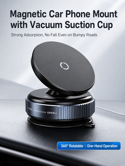 Vacuum Suction Cup Magnetic Car Phone Holder 360° Rotating Strong MagSafe Compatible Twist Lock Stable Anti-Shake Reusable For 4.7-7.2 Inch Smartphones Daily Driving Navigation Dashboard/Windshield/Ce