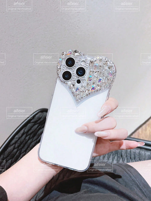 Valentines Sequins Y2k Rhinestone Decor Heart-Shaped Clear Phone Case With Colored Rhinestone Decors Shockproof Cover Waterproof Anti-Fall Scratch Resistant