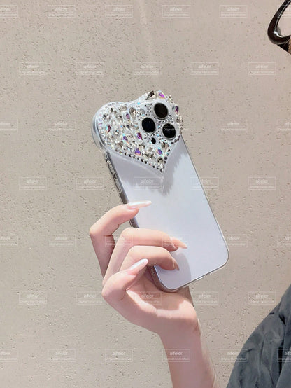 Valentines Sequins Y2k Rhinestone Decor Heart-Shaped Clear Phone Case With Colored Rhinestone Decors Shockproof Cover Waterproof Anti-Fall Scratch Resistant