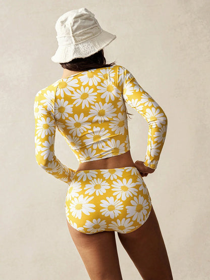 VARSIVA Ound Neck Long Sleeves Floral Print Women Rashguards For Summer Beach Vacation