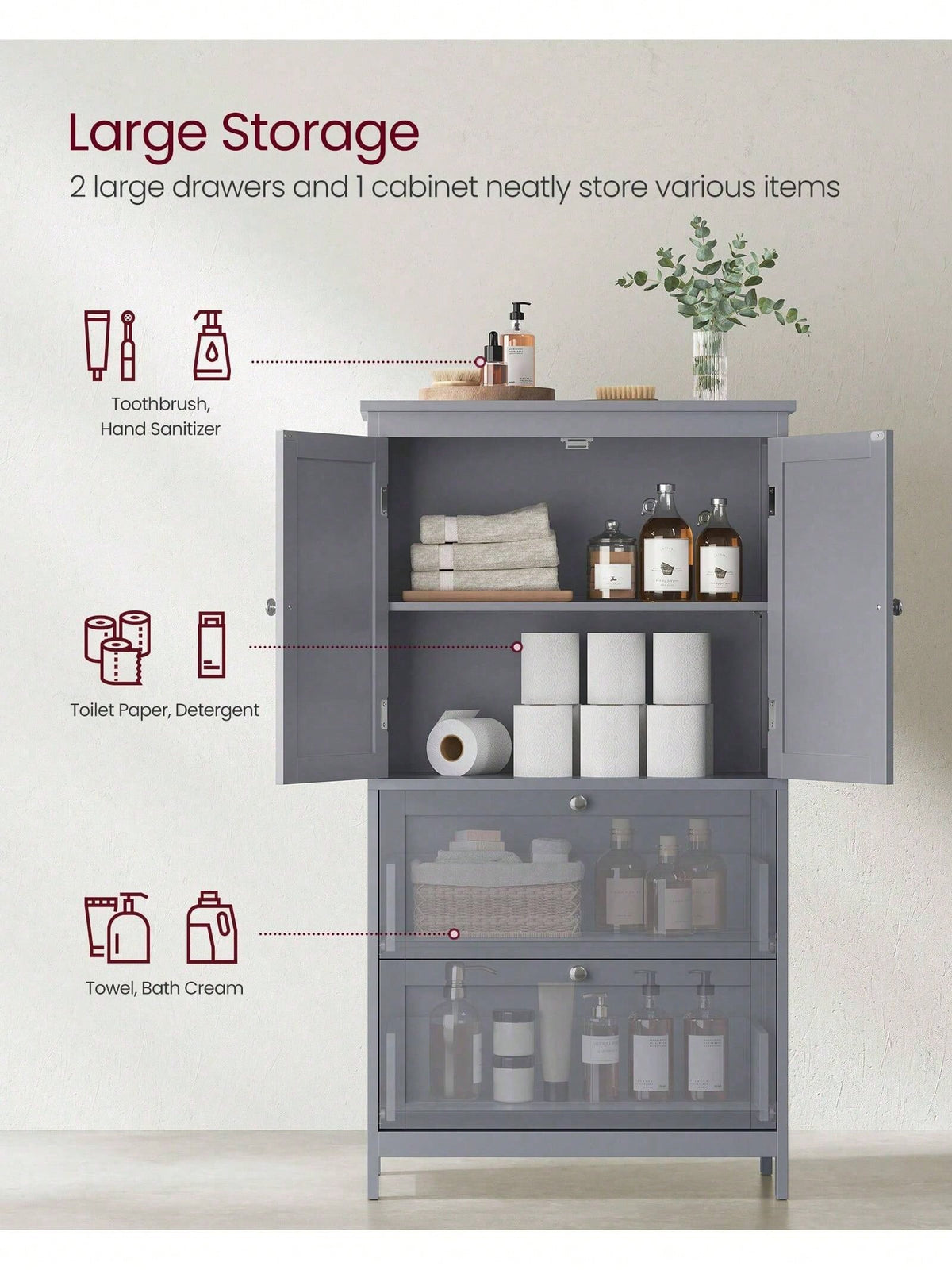 VASAGLE Bathroom Floor Storage Cabinet, Bathroom Storage Unit, Freestanding Bathroom Cabinet With 2 Drawers And 2 Doors, Adjustable Shelf, 11.8 X 23.6 X 43.3 Inches