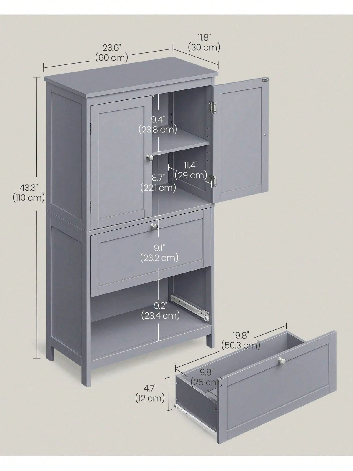 VASAGLE Bathroom Floor Storage Cabinet, Bathroom Storage Unit, Freestanding Bathroom Cabinet With 2 Drawers And 2 Doors, Adjustable Shelf, 11.8 X 23.6 X 43.3 Inches