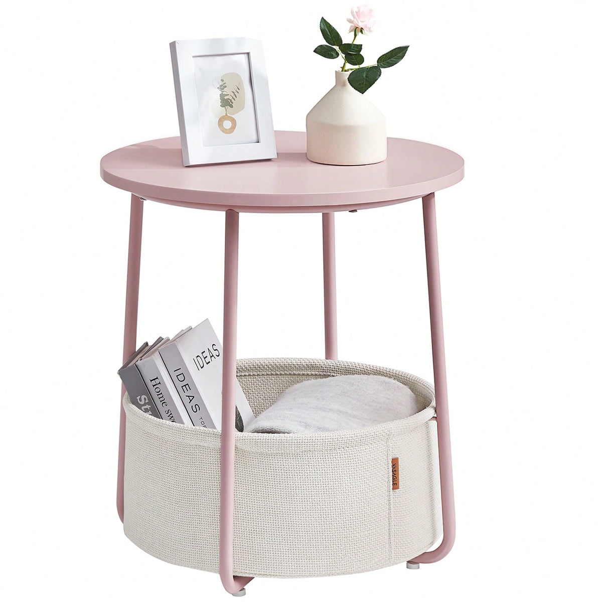 VASAGLE End Table, Small Bedside Table With Fabric Basket, Modern Nightstand, Round Side Table, For Living Room, Bedroom, Jelly Pink And Cream White