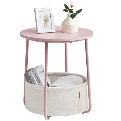 VASAGLE End Table, Small Bedside Table With Fabric Basket, Modern Nightstand, Round Side Table, For Living Room, Bedroom, Jelly Pink And Cream White