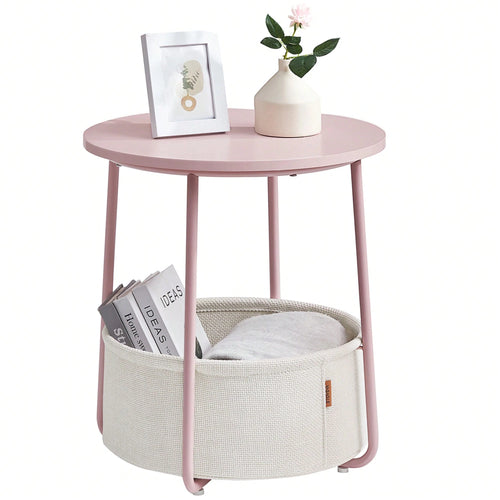 VASAGLE End Table, Small Bedside Table With Fabric Basket, Modern Nightstand, Round Side Table, For Living Room, Bedroom, Jelly Pink And Cream White
