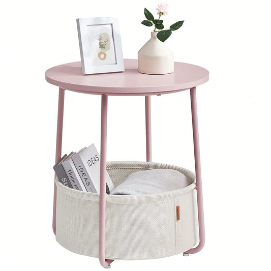 VASAGLE End Table, Small Bedside Table With Fabric Basket, Modern Nightstand, Round Side Table, For Living Room, Bedroom, Jelly Pink And Cream White
