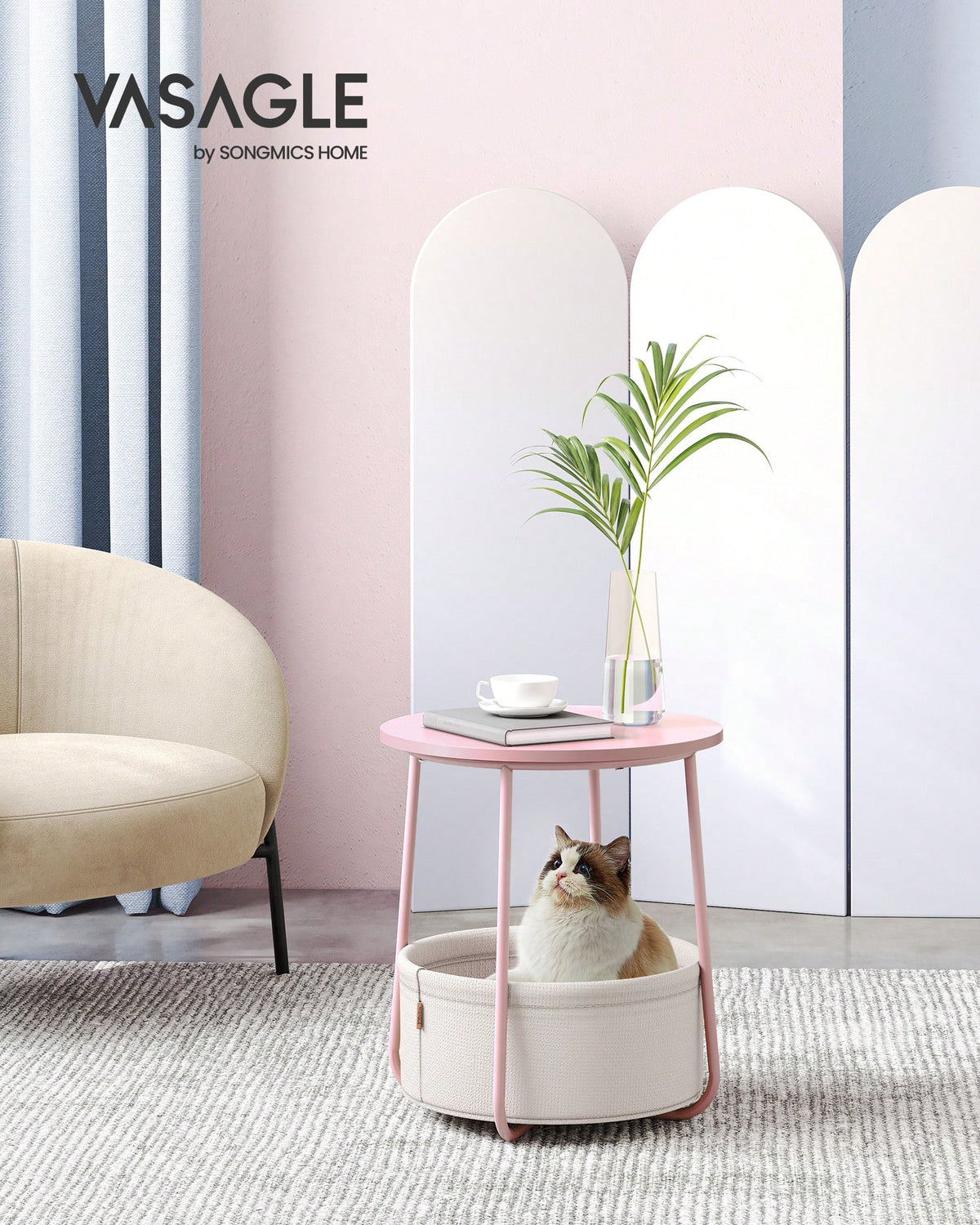 VASAGLE End Table, Small Bedside Table With Fabric Basket, Modern Nightstand, Round Side Table, For Living Room, Bedroom, Jelly Pink And Cream White