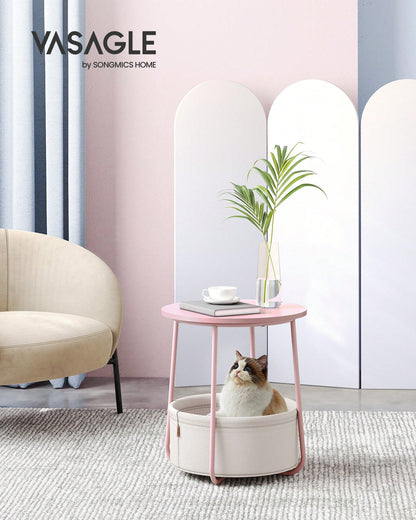VASAGLE End Table, Small Bedside Table With Fabric Basket, Modern Nightstand, Round Side Table, For Living Room, Bedroom, Jelly Pink And Cream White