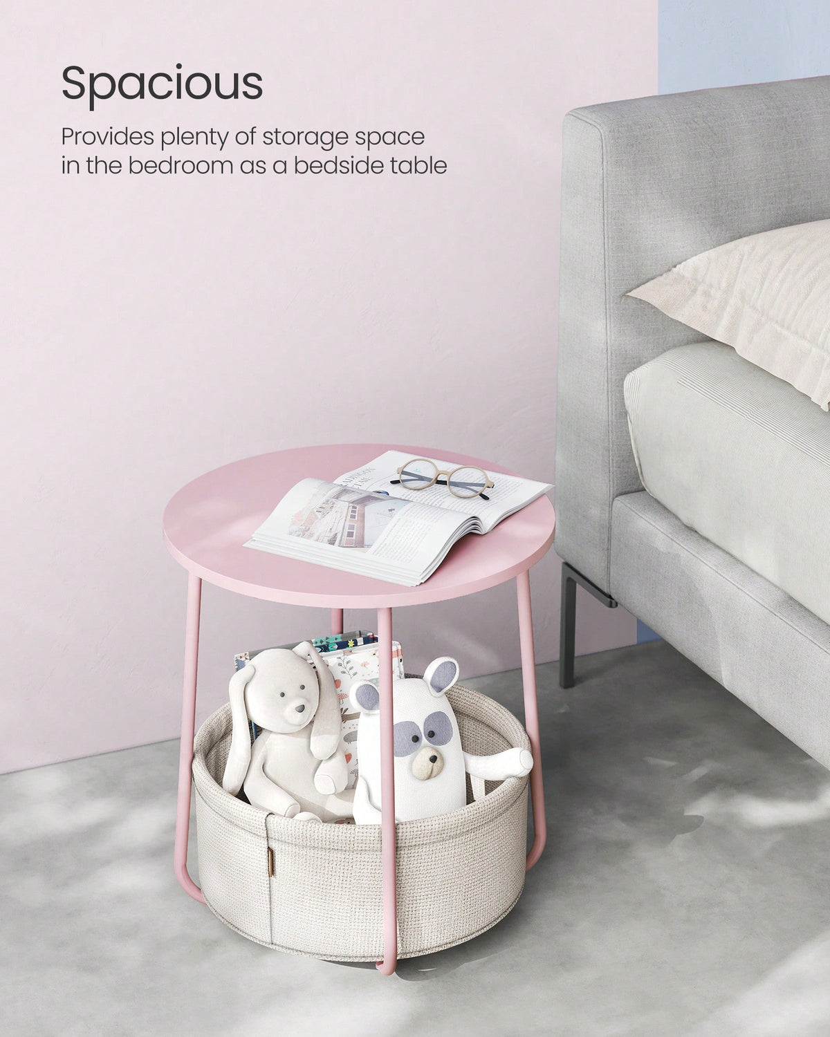 VASAGLE End Table, Small Bedside Table With Fabric Basket, Modern Nightstand, Round Side Table, For Living Room, Bedroom, Jelly Pink And Cream White