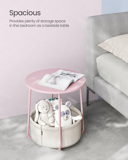 VASAGLE End Table, Small Bedside Table With Fabric Basket, Modern Nightstand, Round Side Table, For Living Room, Bedroom, Jelly Pink And Cream White
