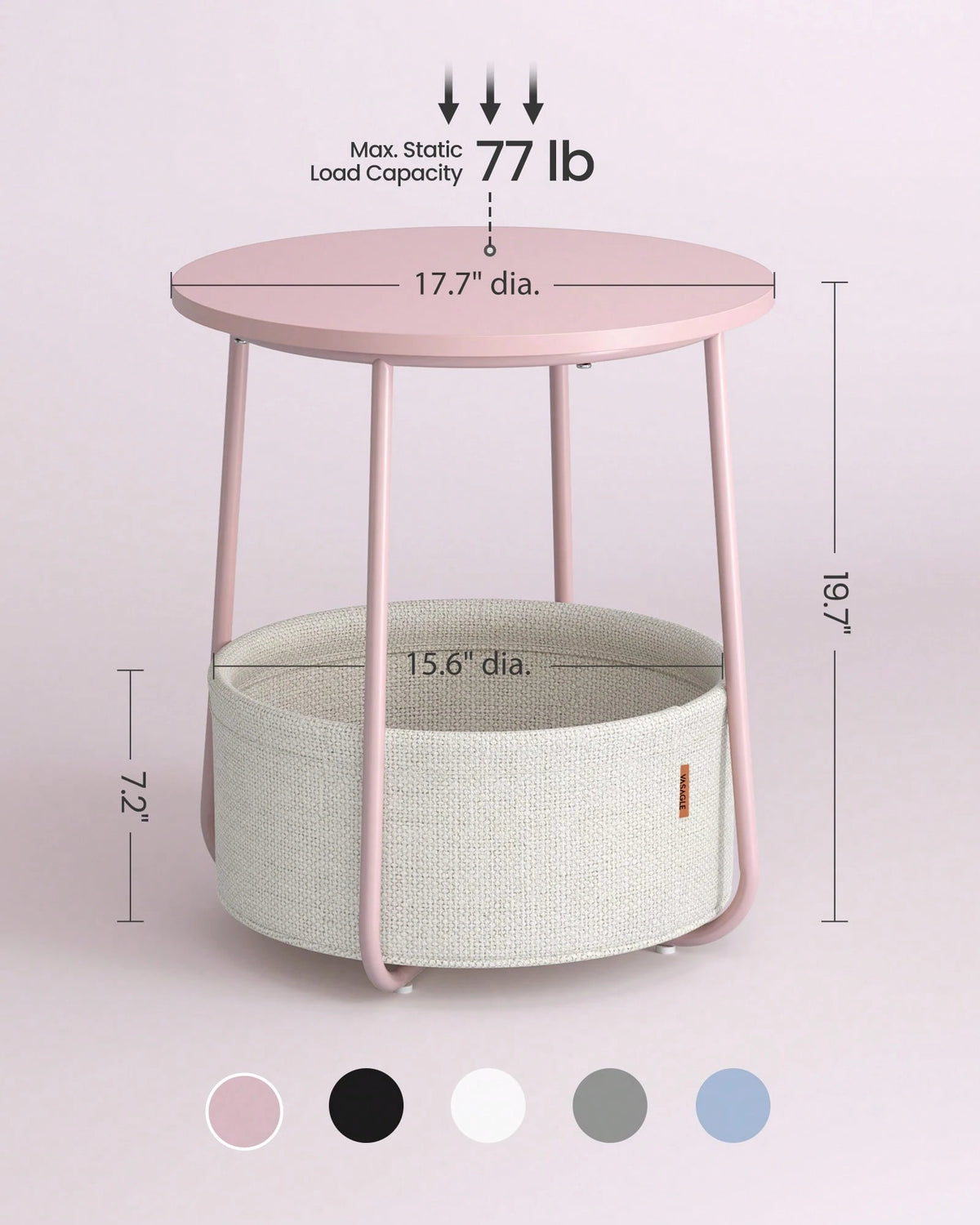 VASAGLE End Table, Small Bedside Table With Fabric Basket, Modern Nightstand, Round Side Table, For Living Room, Bedroom, Jelly Pink And Cream White