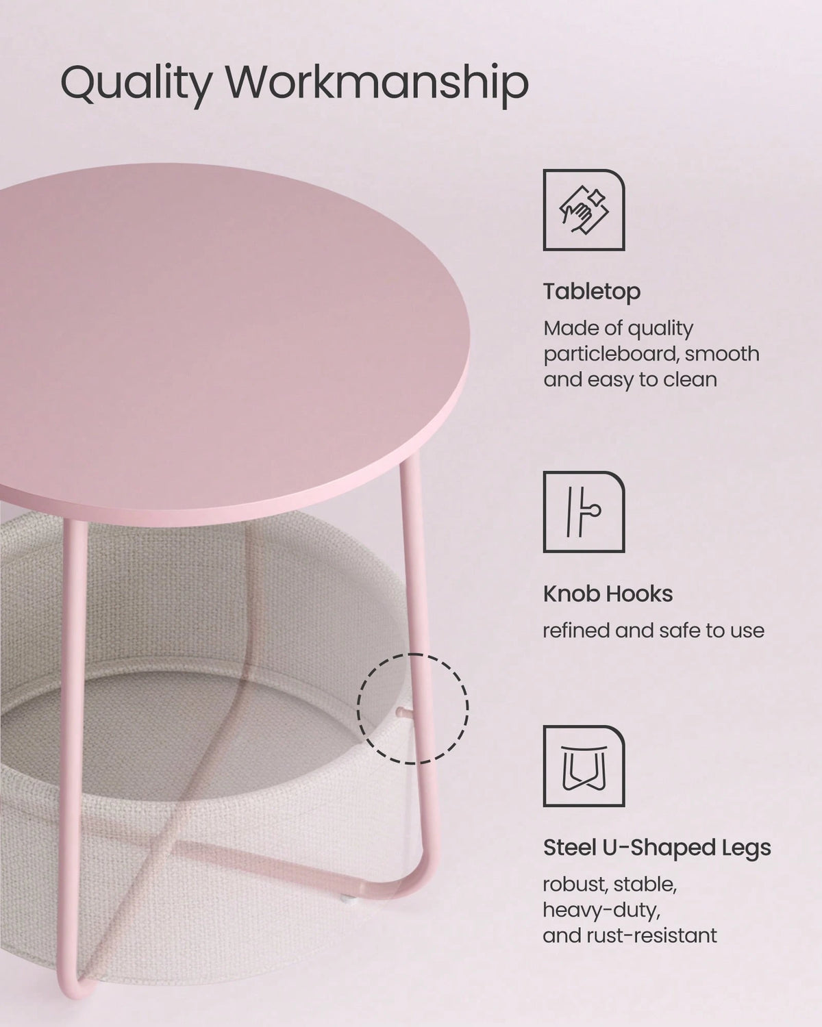 VASAGLE End Table, Small Bedside Table With Fabric Basket, Modern Nightstand, Round Side Table, For Living Room, Bedroom, Jelly Pink And Cream White