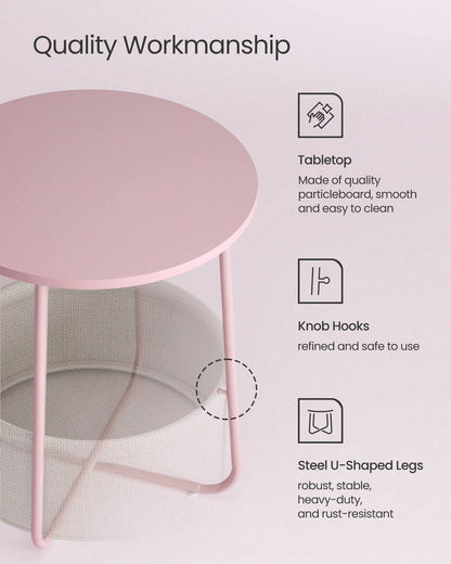 VASAGLE End Table, Small Bedside Table With Fabric Basket, Modern Nightstand, Round Side Table, For Living Room, Bedroom, Jelly Pink And Cream White