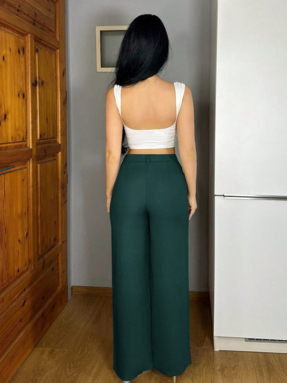 Vassilux Women Casual Solid Color Straight-Leg Pants,Petite Women