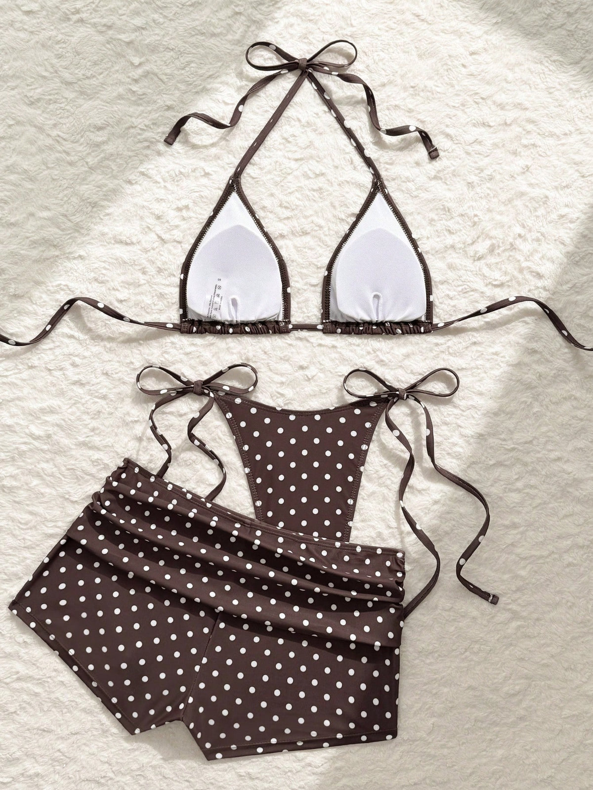 Vaytide Women's Brown Polka Dot 3 Pieces Swimwear Set,Summer Casual Beach Holiday Vacation Micro Triangle High Cut Side Tie Ruched Bikini Bathing Suit