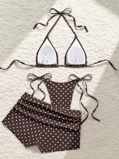 Vaytide Women's Brown Polka Dot 3 Pieces Swimwear Set,Summer Casual Beach Holiday Vacation Micro Triangle High Cut Side Tie Ruched Bikini Bathing Suit