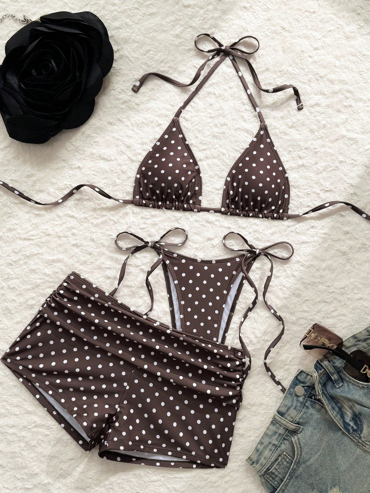 Vaytide Women's Brown Polka Dot 3 Pieces Swimwear Set,Summer Casual Beach Holiday Vacation Micro Triangle High Cut Side Tie Ruched Bikini Bathing Suit